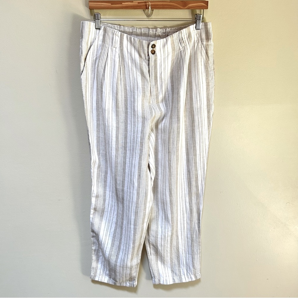 Garnet Hill ~ new Stripe Linen Straight Leg High Rise Trousers in size 16